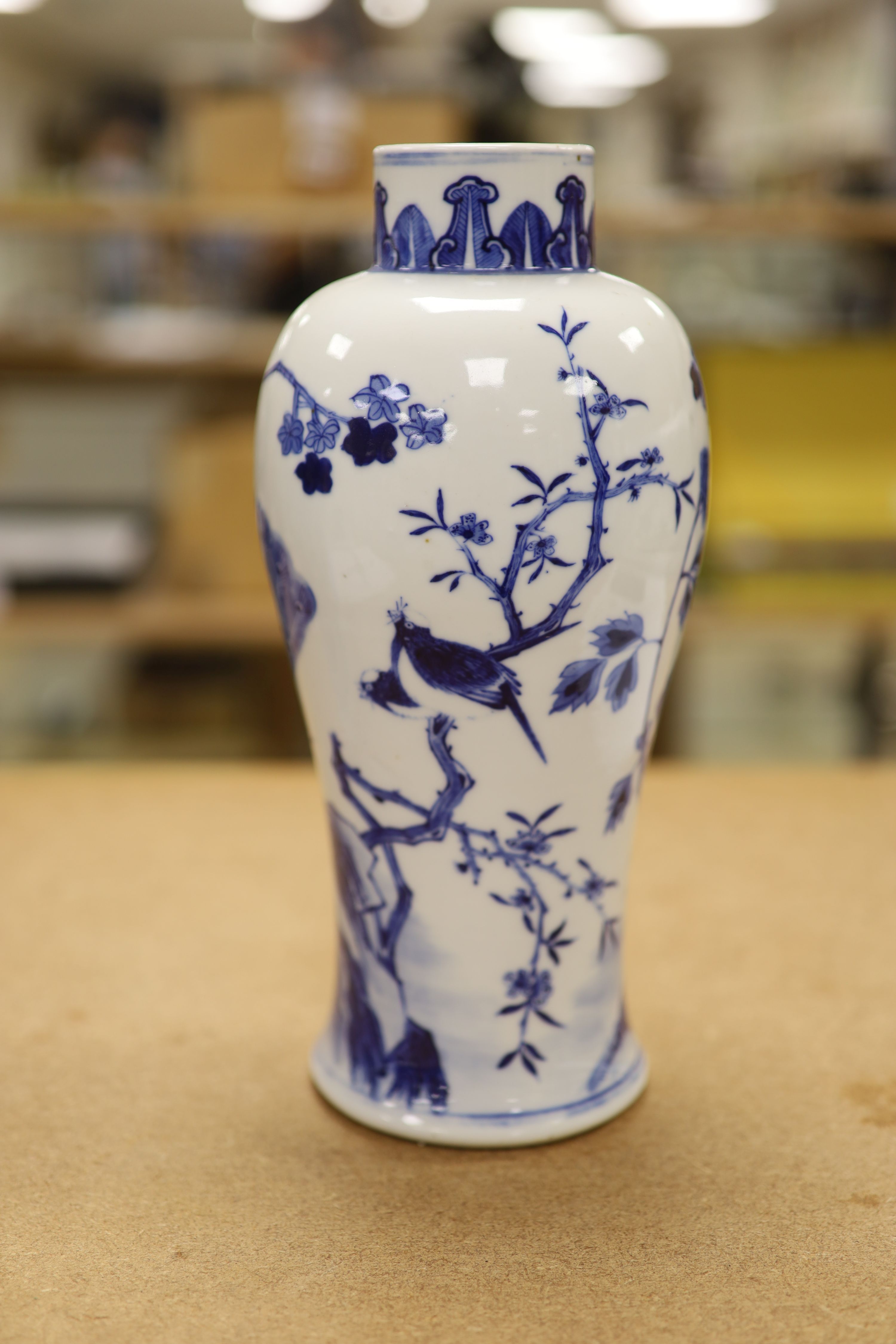 Two 19th century Chinese blue and white vases, decorated with phoenix, tallest 28cm (a.f)